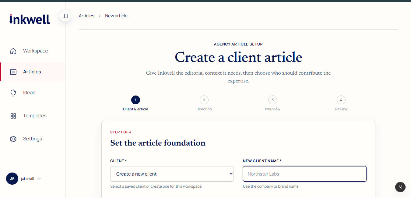 Inkwell agency article setup screen for creating a client article