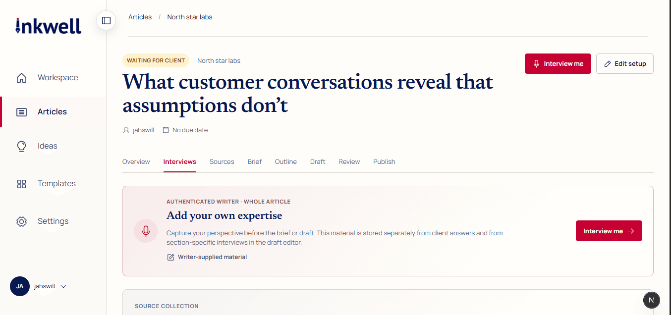 Inkwell article workspace showing client and writer interview material