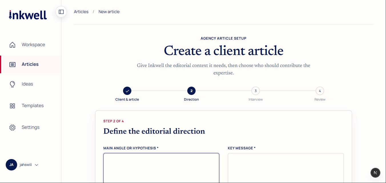 Inkwell editorial direction form for setting an article's angle, key message, and voice