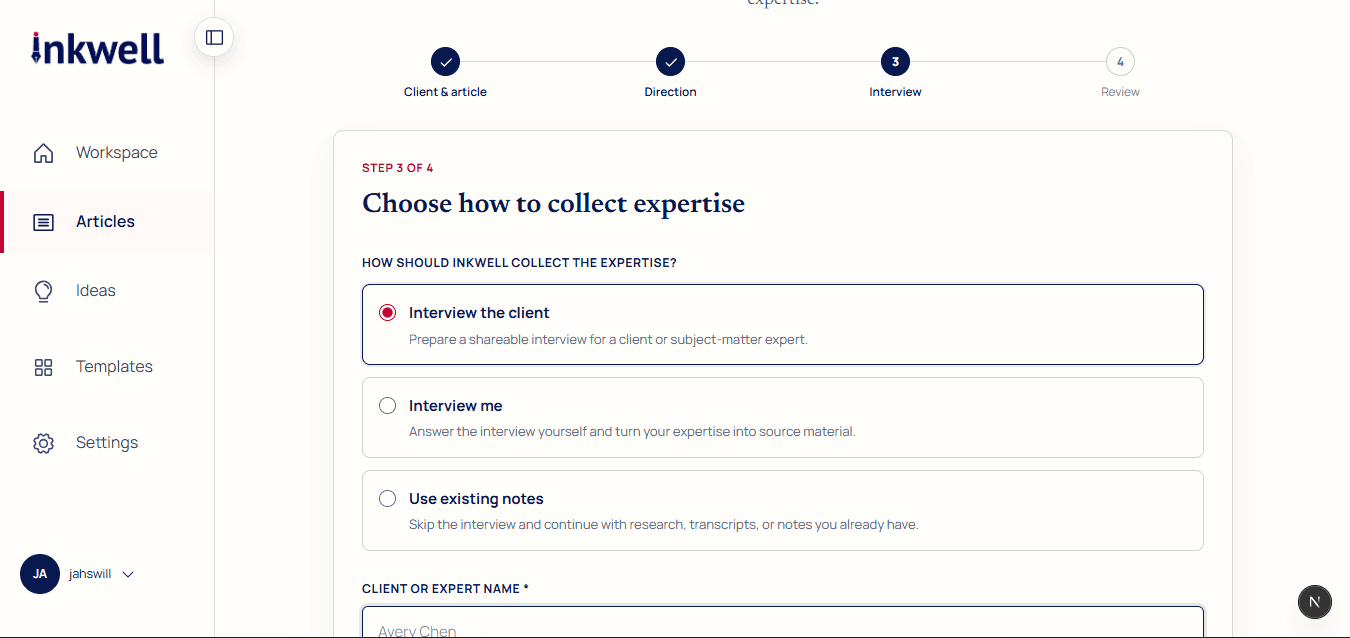 Inkwell options for collecting client, writer, or existing-note expertise