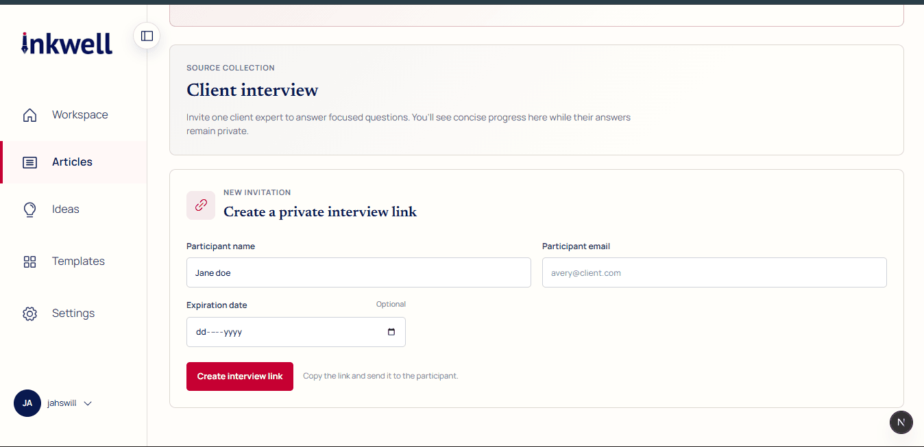 Inkwell private interview link form for inviting a client contributor
