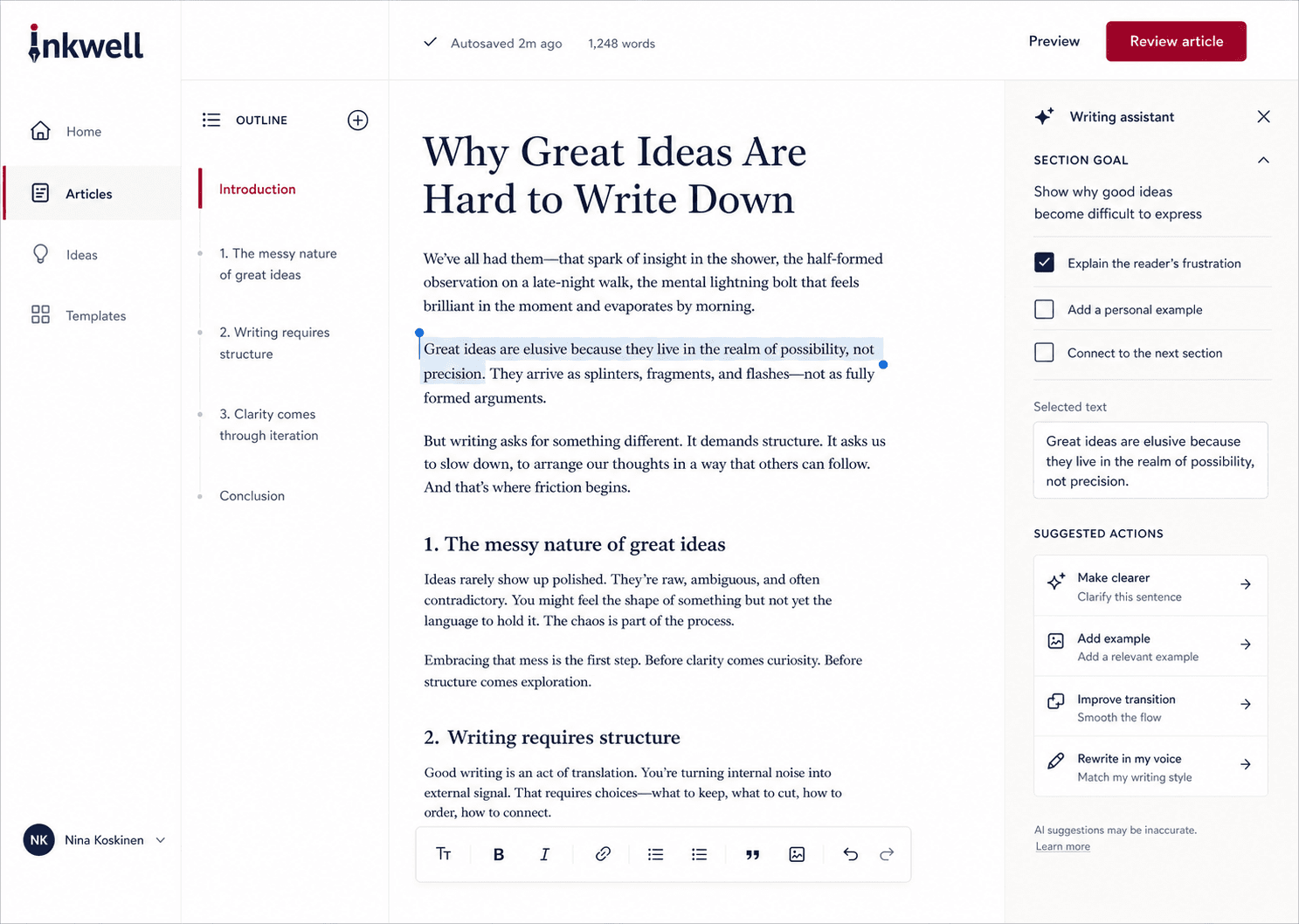Inkwell editor helping a writer develop an article section by section