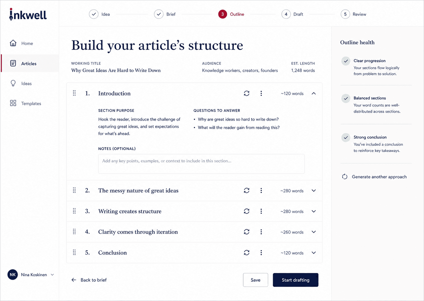Inkwell outline builder with section purposes, questions, and word counts
